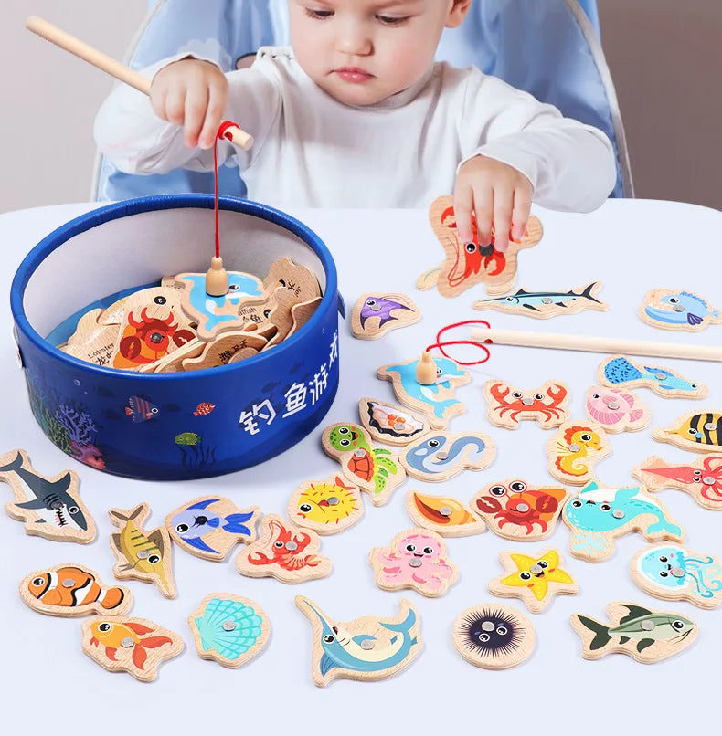 Montessori brinquedos de pesca de madeira para crianças
