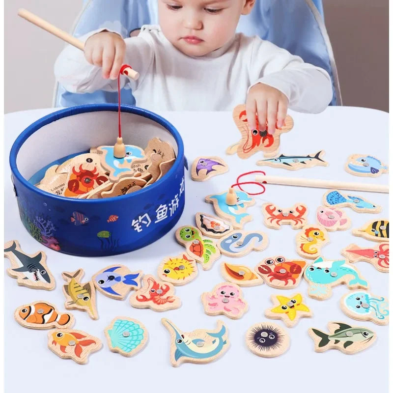 Montessori brinquedos de pesca de madeira para crianças