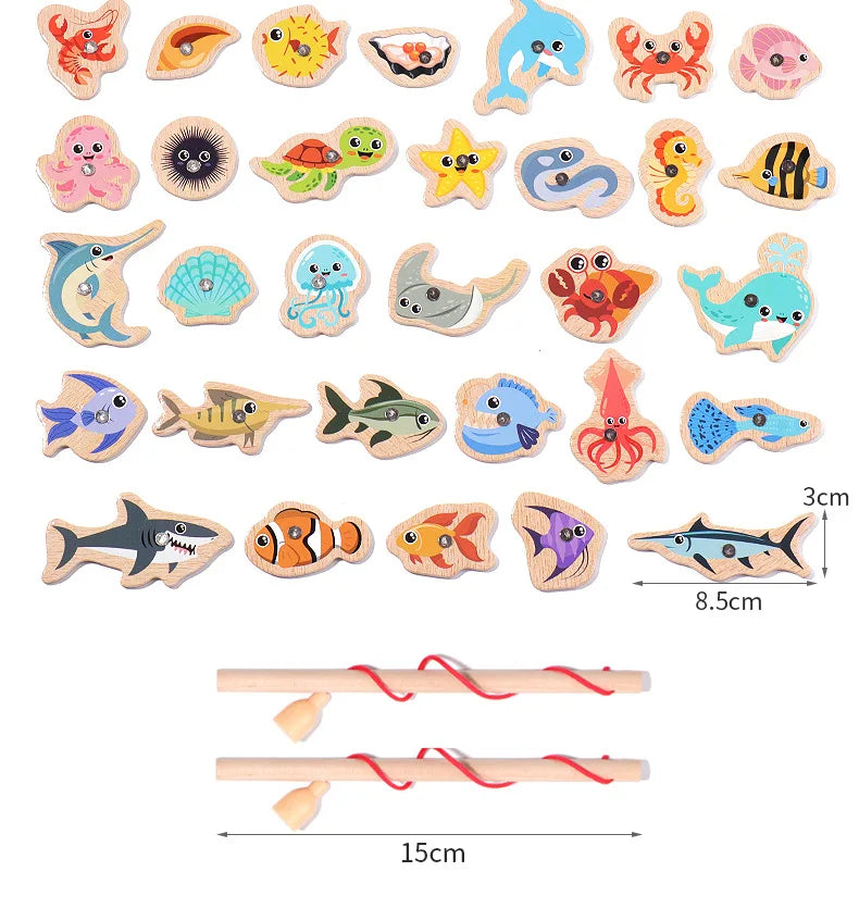 Montessori brinquedos de pesca de madeira para crianças