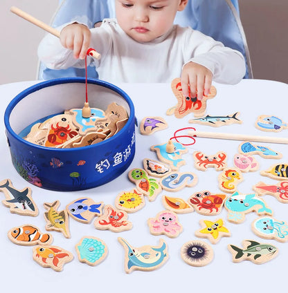 Montessori brinquedos de pesca de madeira para crianças