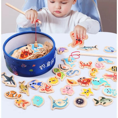 Montessori brinquedos de pesca de madeira para crianças