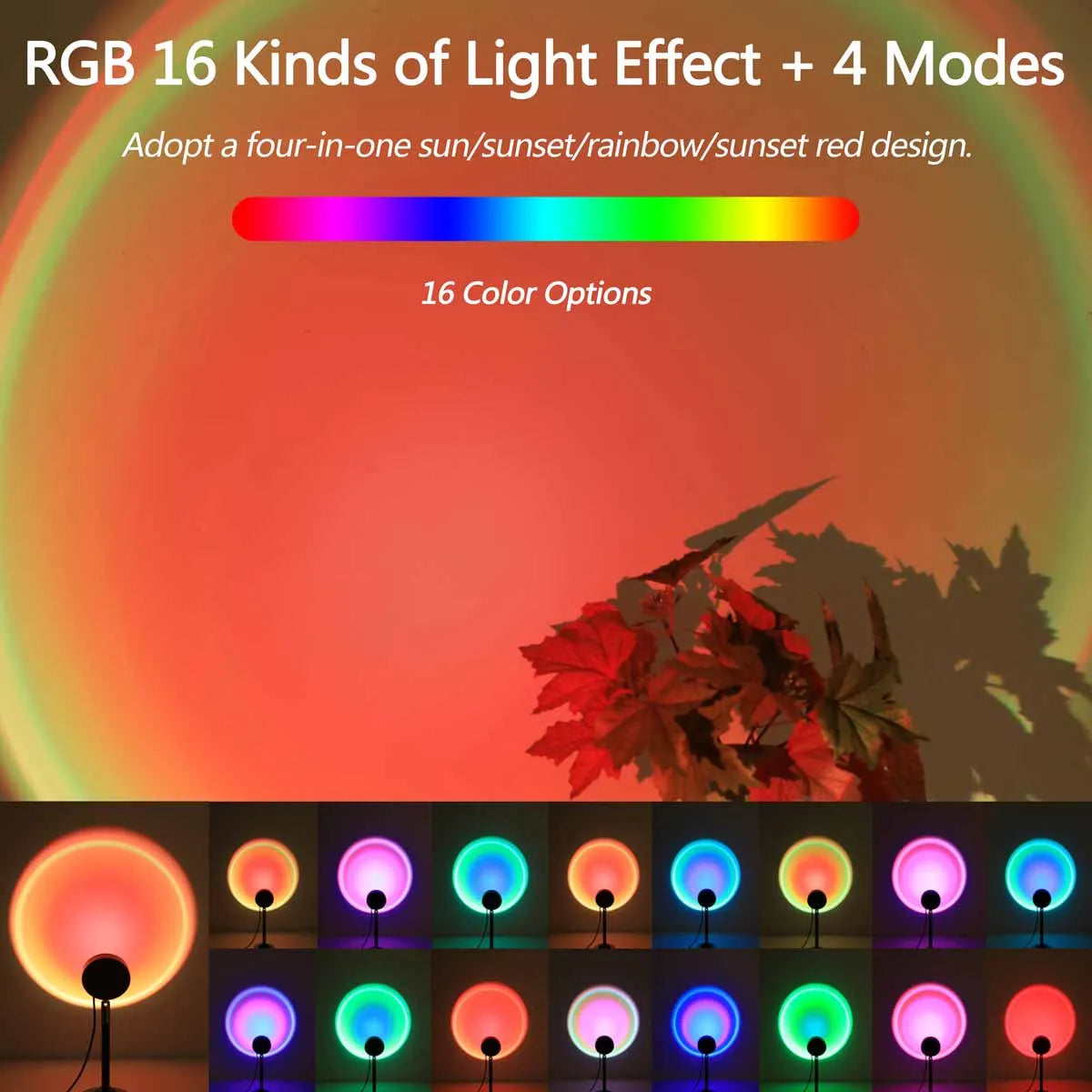 Luz de projeção USB Sunset, controle remoto 16 cores, 180 °   Rotação