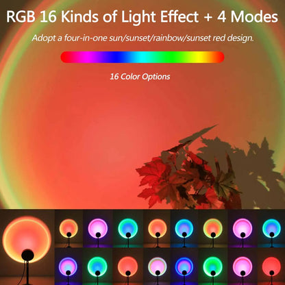 Luz de projeção USB Sunset, controle remoto 16 cores, 180 °   Rotação
